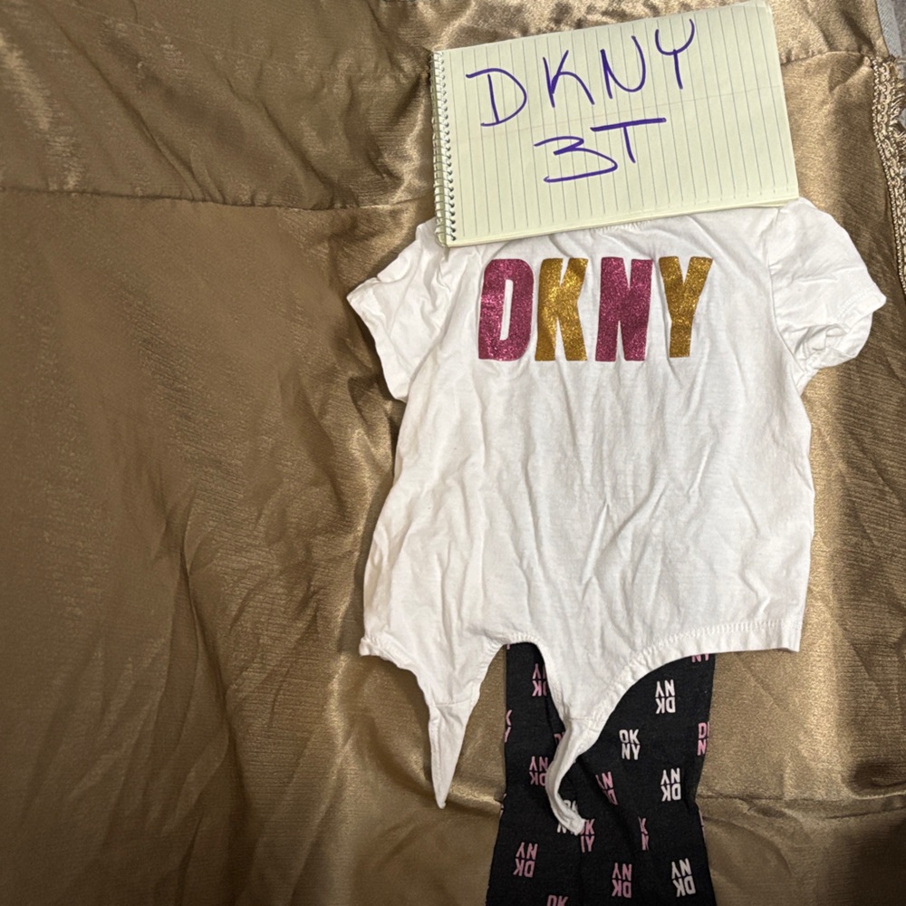 DKNY White Tee with Gold and Pink Logo and Black Leggings